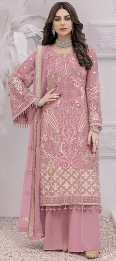Festive, Reception Pink and Majenta color Salwar Kameez in Faux Georgette fabric with Pakistani, Palazzo, Straight Embroidered, Resham, Thread work : 1941332