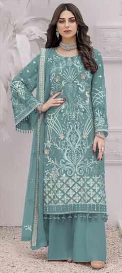 Festive, Reception Blue color Salwar Kameez in Faux Georgette fabric with Pakistani, Palazzo, Straight Embroidered, Resham, Thread work : 1941333