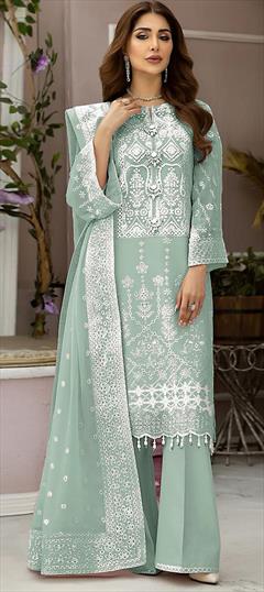 Festive, Reception Green color Salwar Kameez in Organza Silk fabric with Pakistani, Palazzo, Straight Embroidered, Thread work : 1941334