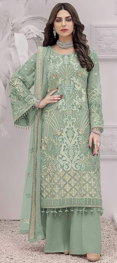 Festive, Reception Green color Salwar Kameez in Faux Georgette fabric with Pakistani, Palazzo, Straight Embroidered, Resham, Thread work : 1941335