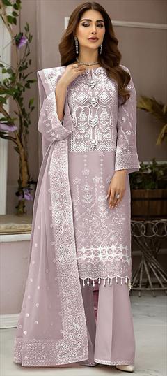 Festive, Reception Purple and Violet color Salwar Kameez in Organza Silk fabric with Pakistani, Palazzo, Straight Embroidered, Thread work : 1941336
