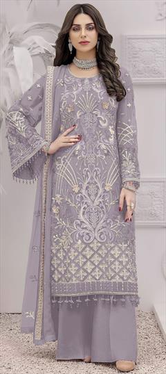 Festive, Reception Purple and Violet color Salwar Kameez in Faux Georgette fabric with Pakistani, Palazzo, Straight Embroidered, Resham, Thread work : 1941338