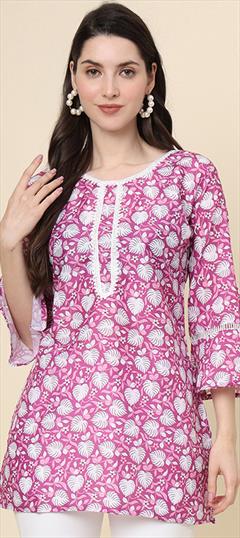 Summer Pink and Majenta color Kurti in Cotton fabric with Long Sleeve, Straight Printed work : 1941349