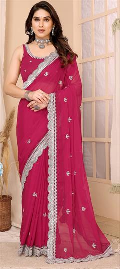 Bollywood, Festive, Reception Pink and Majenta color Saree in Chiffon fabric with Classic Embroidered, Thread, Zari work : 1941528