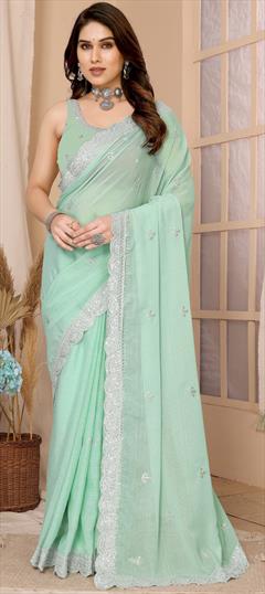 Bollywood, Festive, Reception Green color Saree in Chiffon fabric with Classic Embroidered, Thread, Zari work : 1941529