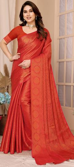 Bollywood, Festive, Traditional Red and Maroon color Saree in Kanjeevaram Silk fabric with South Weaving work : 1941532