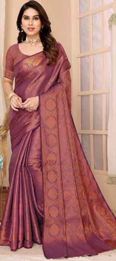 Bollywood, Festive, Traditional Purple and Violet color Saree in Kanjeevaram Silk fabric with South Weaving work : 1941534