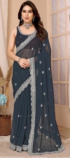 Bollywood, Festive, Reception Blue color Saree in Chiffon fabric with Classic Embroidered, Thread, Zari work : 1941537