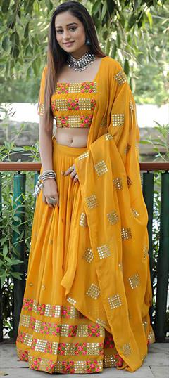 Reception, Wedding Yellow color Lehenga in Georgette fabric with Flared Embroidered, Thread work : 1941554