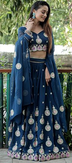 Reception, Wedding Blue color Lehenga in Georgette fabric with Flared Embroidered, Thread work : 1941563