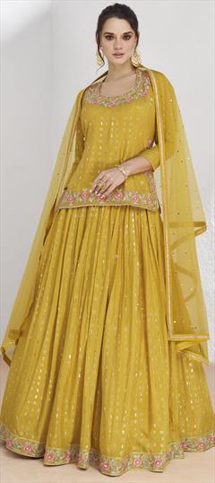 Mehendi Sangeet, Reception, Wedding Yellow color Long Lehenga Choli in Georgette fabric with Embroidered, Resham, Sequence, Thread work : 1941719