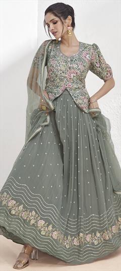 Mehendi Sangeet, Reception, Wedding Black and Grey color Long Lehenga Choli in Georgette fabric with Embroidered, Printed, Resham, Sequence, Thread work : 1941720