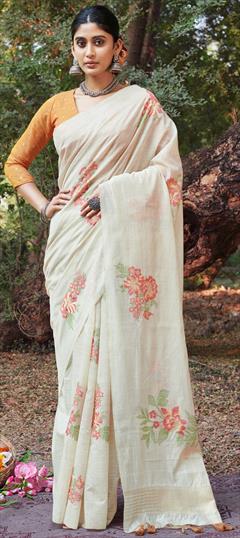 Summer, Traditional White and Off White color Saree in Cotton fabric with Bengali Floral, Printed work : 1941745