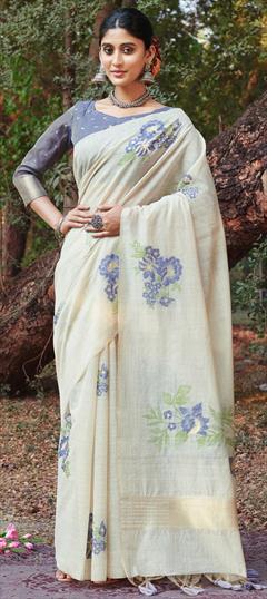 Summer, Traditional White and Off White color Saree in Cotton fabric with Bengali Floral, Printed work : 1941747
