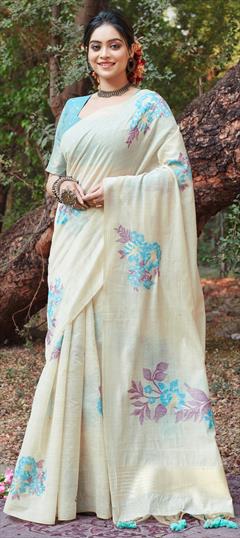Summer, Traditional White and Off White color Saree in Cotton fabric with Bengali Floral, Printed work : 1941748