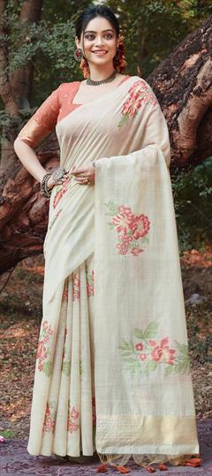 Summer, Traditional White and Off White color Saree in Cotton fabric with Bengali Floral, Printed work : 1941751
