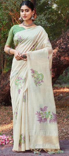 Summer, Traditional White and Off White color Saree in Cotton fabric with Bengali Floral, Printed work : 1941752