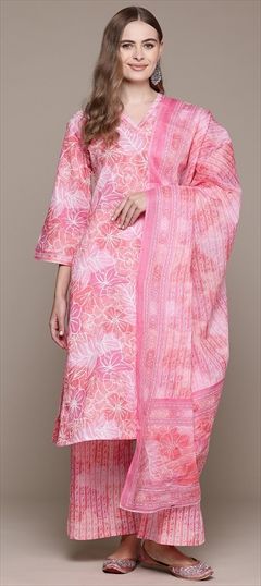 Party Wear, Summer Pink and Majenta color Salwar Kameez in Cotton fabric with Straight Printed work : 1941768