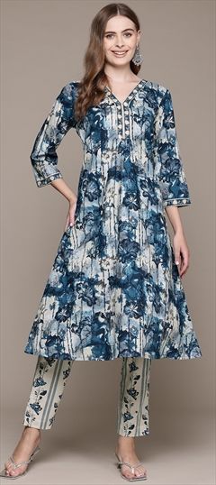 Party Wear, Summer Blue color Salwar Kameez in Cotton fabric with Anarkali Floral, Foil Print, Printed work : 1941773