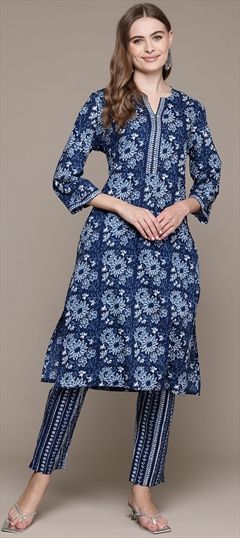 Festive, Summer Blue color Salwar Kameez in Cotton fabric with Straight Floral, Printed work : 1941776