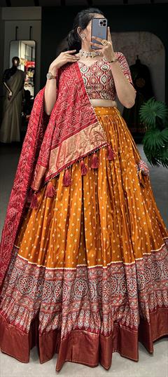 Reception, Wedding Orange color Lehenga in Dolla Silk fabric with Flared Foil Print, Thread work : 1941795