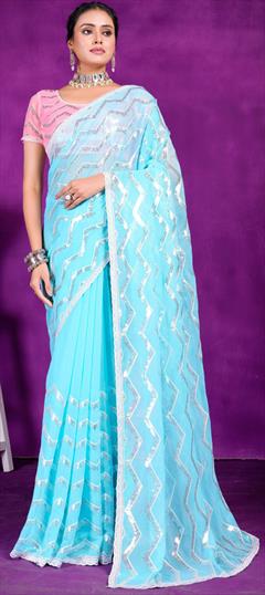 Festive, Reception Blue color Saree in Shimmer fabric with Classic Sequence work : 1941816