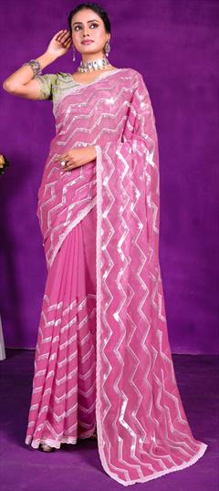 Festive, Reception Pink and Majenta color Saree in Shimmer fabric with Classic Sequence work : 1941818