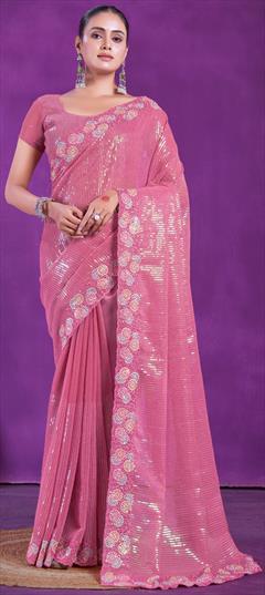 Festive, Party Wear Pink and Majenta color Saree in Shimmer fabric with Classic Embroidered, Sequence, Thread work : 1941826