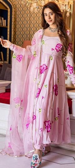 Festive, Party Wear, Reception Pink and Majenta color Salwar Kameez in Organza Silk fabric with Anarkali Floral, Printed work : 1941876