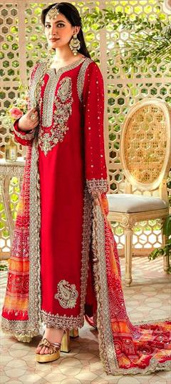 Reception, Wedding Red and Maroon color Salwar Kameez in Faux Georgette fabric with Pakistani, Straight Embroidered, Sequence work : 1941894