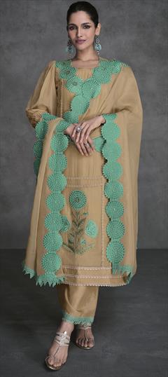 Festive, Reception Beige and Brown color Salwar Kameez in Organza Silk fabric with Straight Embroidered, Resham, Thread work : 1941903