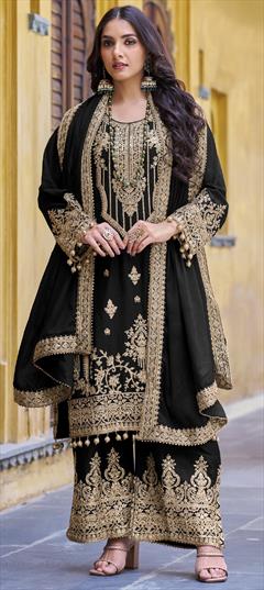 Engagement, Reception, Wedding Black and Grey color Salwar Kameez in Art Silk fabric with Pakistani, Palazzo, Straight Embroidered, Stone, Thread, Zari work : 1941913