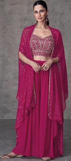 Mehendi Sangeet, Reception, Wedding Pink and Majenta color Salwar Kameez in Georgette fabric with Palazzo Embroidered, Mirror, Thread, Zari work : 1941914