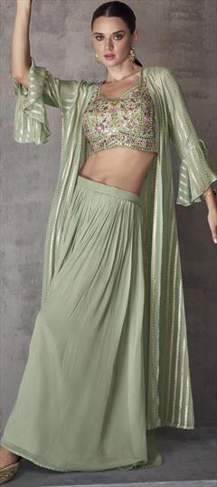 Mehendi Sangeet, Reception, Wedding Green color Salwar Kameez in Georgette fabric with Palazzo Embroidered, Mirror, Thread, Zari work : 1941916