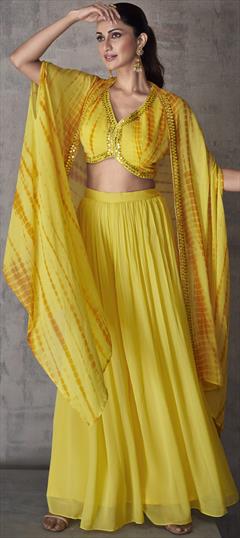 Mehendi Sangeet, Reception, Wedding Yellow color Salwar Kameez in Georgette fabric with Palazzo Embroidered, Mirror, Thread, Zari work : 1941917