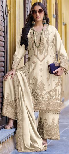 Engagement, Reception, Wedding Beige and Brown color Salwar Kameez in Art Silk fabric with Pakistani, Palazzo, Straight Embroidered, Sequence, Stone, Thread, Zari work : 1941918
