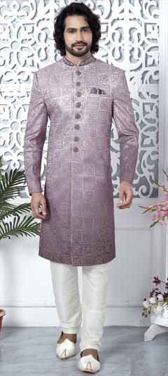 Party Wear Purple and Violet color Sherwani in Art Silk fabric with Embroidered, Sequence, Thread work : 1941947