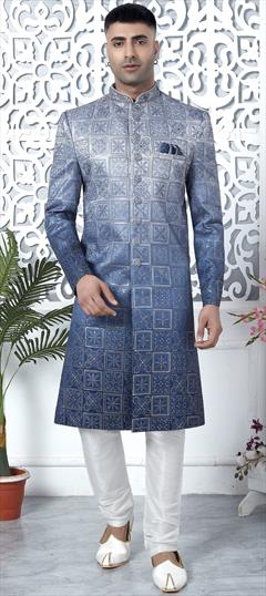 Party Wear Blue color Sherwani in Art Silk fabric with Embroidered, Sequence, Thread work : 1941948
