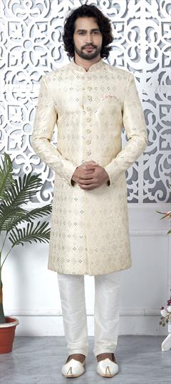 Party Wear White and Off White color Sherwani in Art Silk fabric with Embroidered, Sequence, Thread work : 1941949