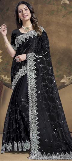 Reception, Traditional Black and Grey color Saree in Silk fabric with South Embroidered, Sequence, Thread work : 1941987