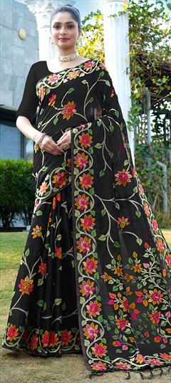 Party Wear, Traditional Black and Grey color Saree in Cotton fabric with Bengali Printed work : 1941990