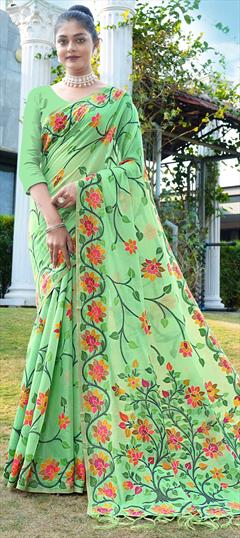 Party Wear, Traditional Green color Saree in Cotton fabric with Bengali Printed work : 1941991
