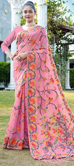 Party Wear, Traditional Pink and Majenta color Saree in Cotton fabric with Bengali Printed work : 1941995