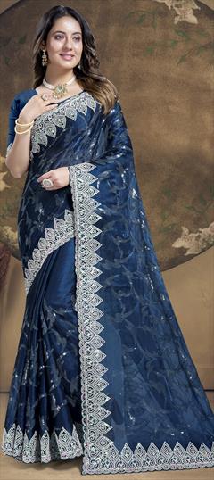 Reception, Traditional Blue color Saree in Silk fabric with South Embroidered, Sequence, Thread work : 1942000