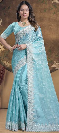 Reception, Traditional Blue color Saree in Silk fabric with South Embroidered, Sequence, Thread work : 1942001