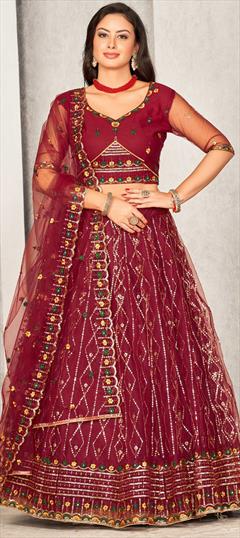 Engagement, Festive, Reception Red and Maroon color Lehenga in Net fabric with Flared Thread work : 1942008