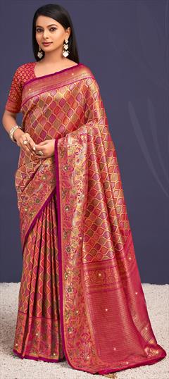 Traditional, Wedding Pink and Majenta color Saree in Banarasi Silk fabric with South Stone, Weaving, Zari work : 1942025
