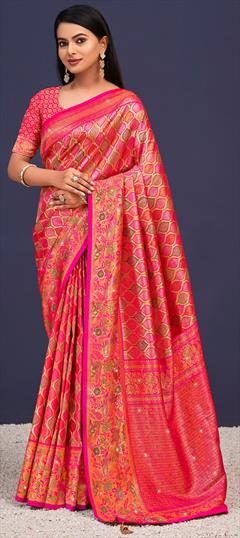 Traditional, Wedding Pink and Majenta color Saree in Banarasi Silk fabric with South Stone, Weaving, Zari work : 1942026