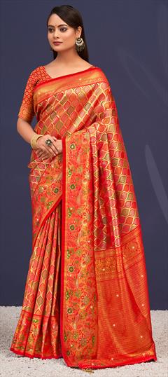 Traditional, Wedding Orange color Saree in Banarasi Silk fabric with South Stone, Weaving, Zari work : 1942027