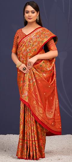 Traditional, Wedding Orange color Saree in Banarasi Silk fabric with South Stone, Weaving, Zari work : 1942028